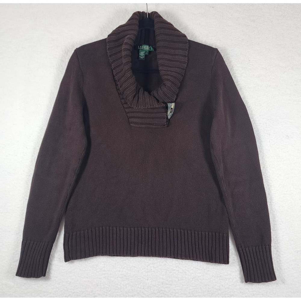 Lauren Ralph Lauren Sweater Sz L Shawl Collar Brown Horn Toggle Academia Preppy